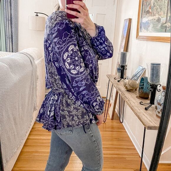 Free People Drop Waist Tunic Top Blue Paisley Floral S - Picture 2 of 7